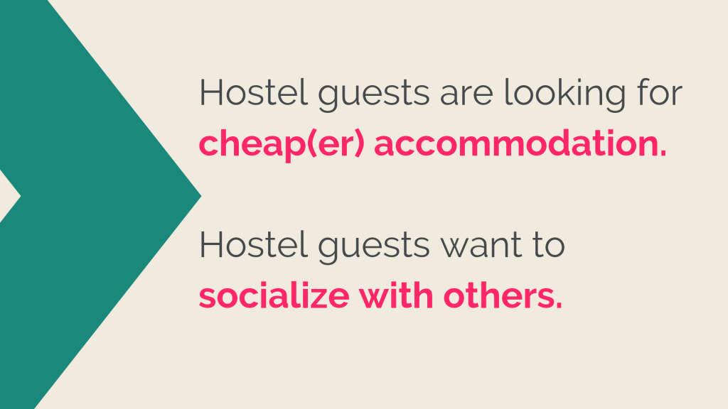 HostelObserver explains that Hostel guests are looking for cheap(er) accommodation. Hostel guests want to socialize with others.
